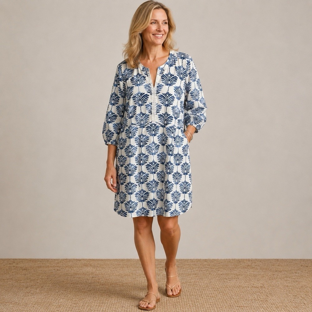 J Jill Printed Crocheted Split Neck‎ Midi Dress Womens XL 100% Cotton Pull Over